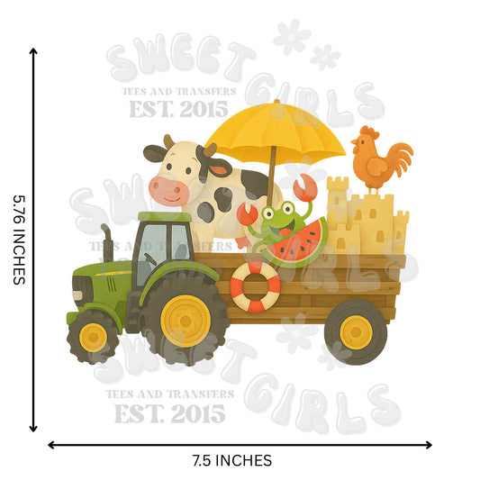 7.5 INCHES YOUTH Summer Farm Tractor DTF Transfer – Cow, Crab & Sandcastle Iron-On – Cute Country Heat Transfer for Kids’ Summer Shirts – Washable & Ready to Press