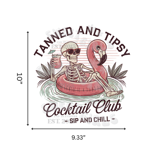 Tanned and Tipsy DTF Transfer – Flamingo Skeleton Summer Iron-On – Cocktail Club Pool Party Heat Transfer for Shirts, Tanks, Hoodies – Washable DTF Decal