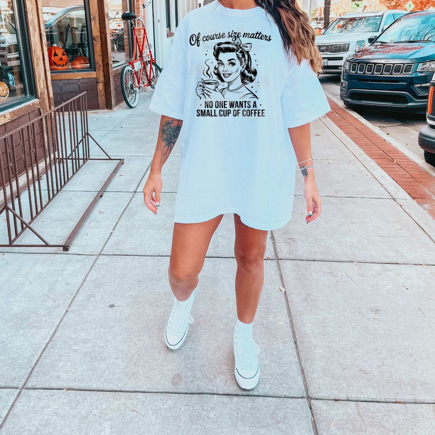 Retro Coffee Lady DTF Heat Transfer – Of Course Size Matters No One Wants a Small Cup of Coffee – Vintage Funny Iron-On Ready to Press for Shirts & Totes