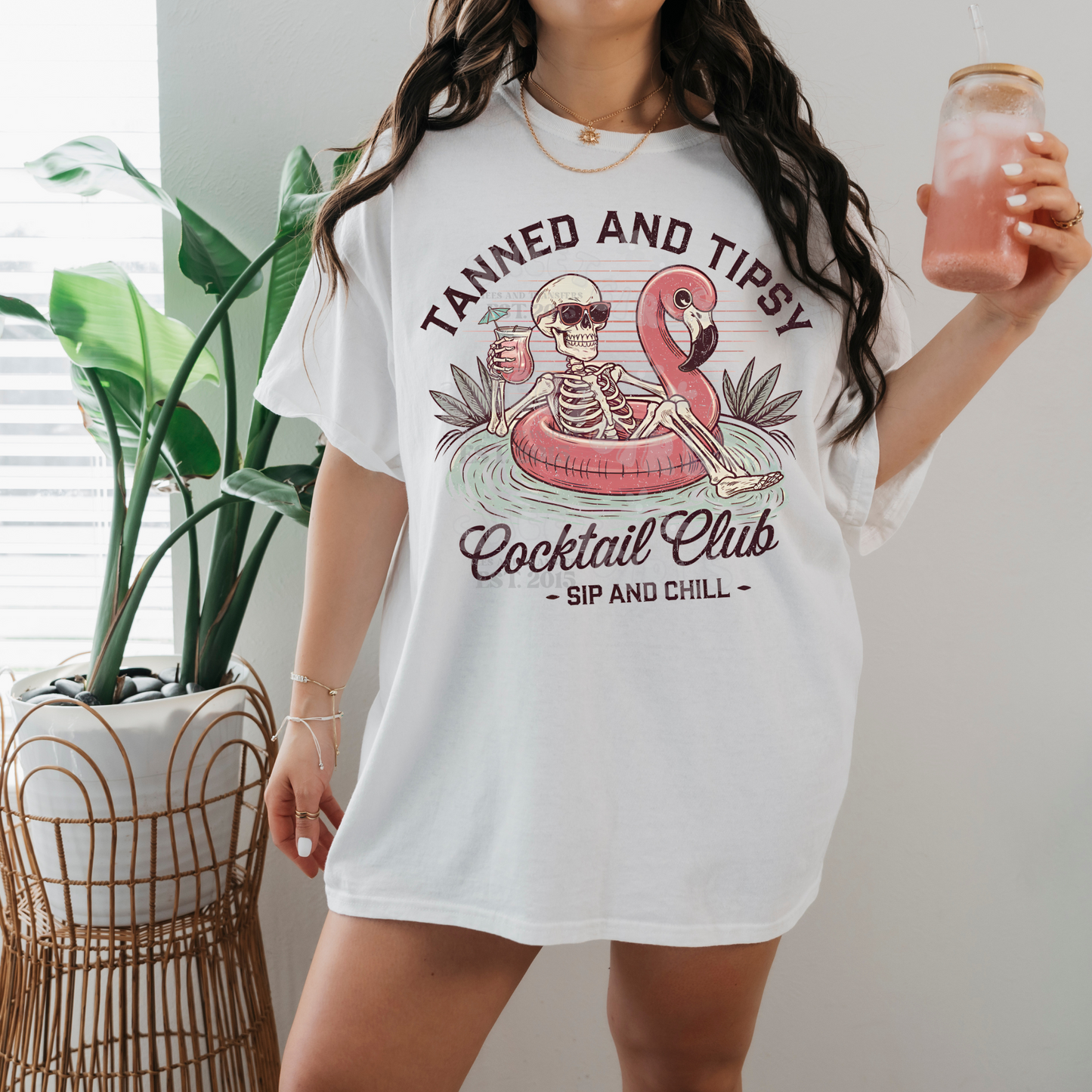 Tanned and Tipsy DTF Transfer – Flamingo Skeleton Summer Iron-On – Cocktail Club Pool Party Heat Transfer for Shirts, Tanks, Hoodies – Washable DTF Decal