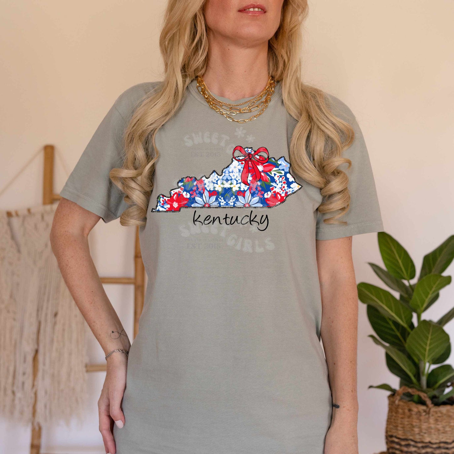 Kentucky State Floral Bow Heat Transfer – Ready to Press Trendy USA Map Iron-On Design for Shirts, Totes, Patriotic DIY – Cute & Durable