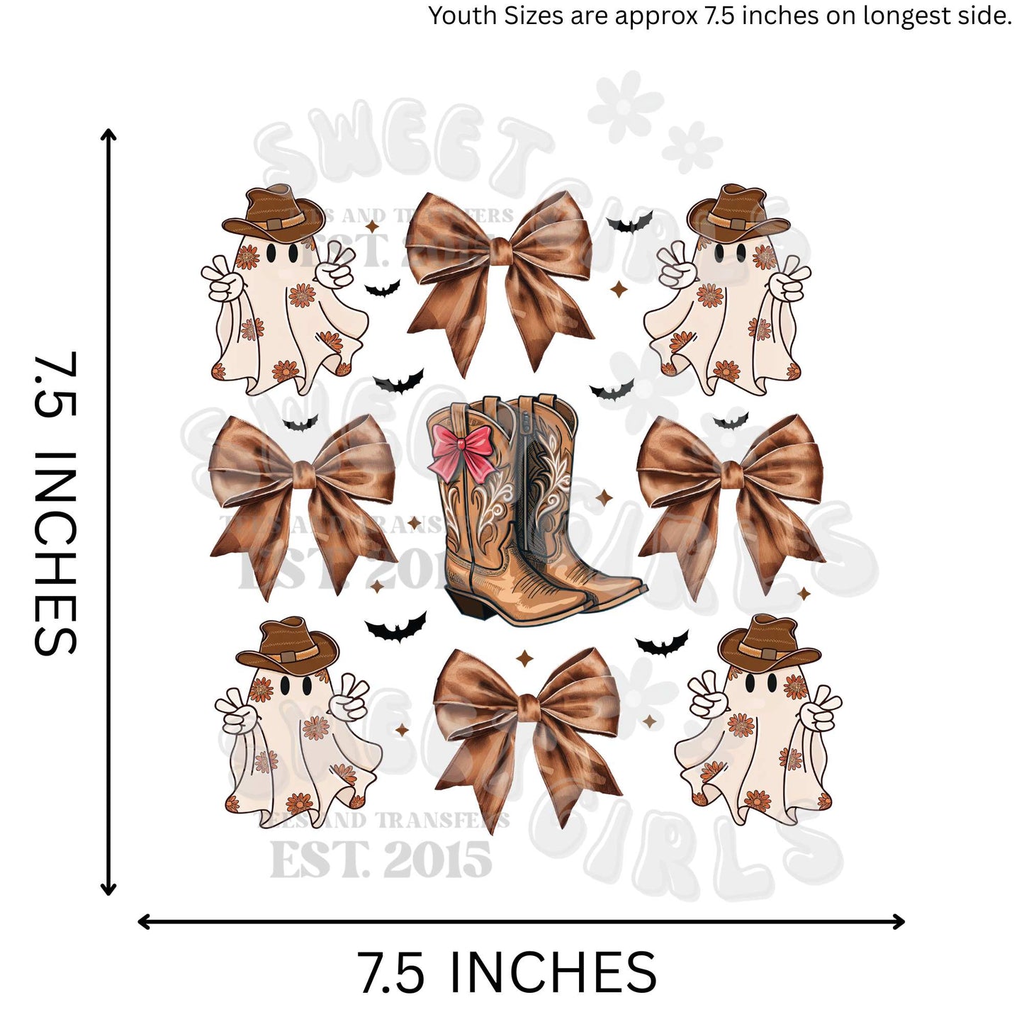 Coquette Cowboy Ghosts with Bows and Boots DTF Heat Transfer – Ready to Press Iron-On Halloween Transfer for T-Shirts, Trucker Hats, Bags – Cute Western Fall Stickers