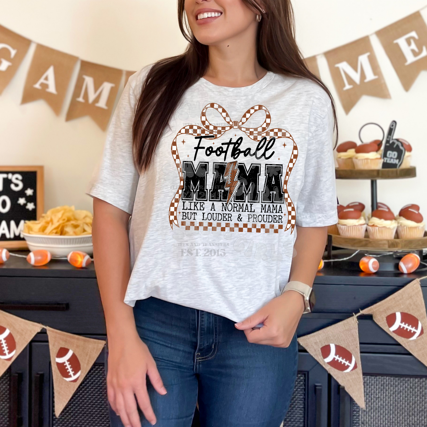 Football Mama Heat Transfer – Western Checker Bow with Football Lightning Bolt – Ready to Press DTF for Loud & Proud Sports Moms, DIY Game Day Tees