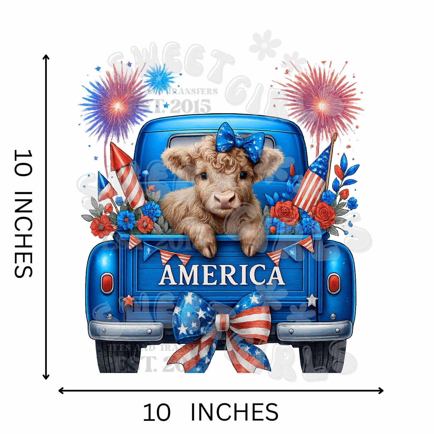 Highland Cow in Patriotic Truck DTF Transfer – 4th of July Blue Truck Heat Press Sticker – Ready to Press Iron-On for Shirts & Sweatshirts – Fireworks & USA Bow