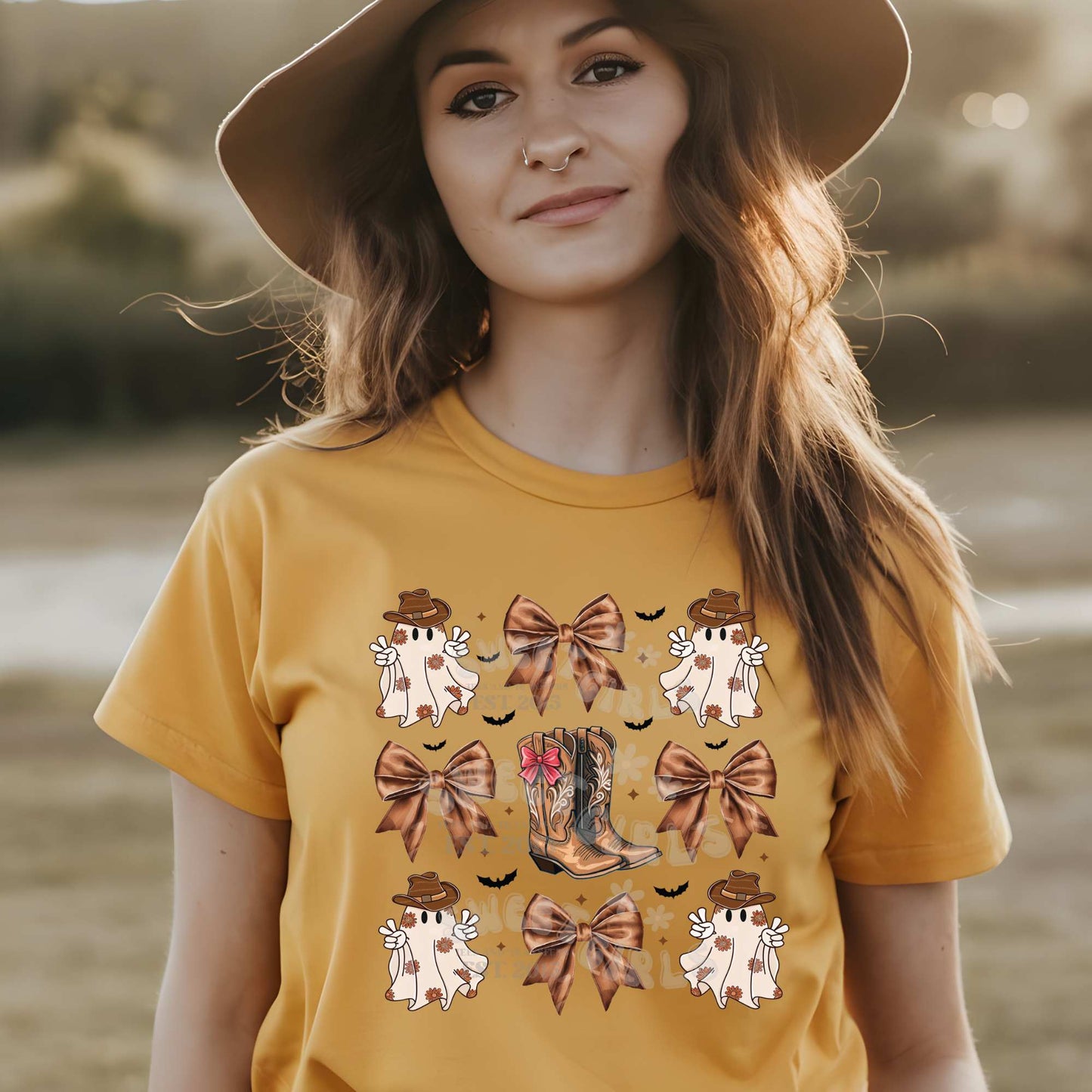 Coquette Cowboy Ghosts with Bows and Boots DTF Heat Transfer – Ready to Press Iron-On Halloween Transfer for T-Shirts, Trucker Hats, Bags – Cute Western Fall Stickers