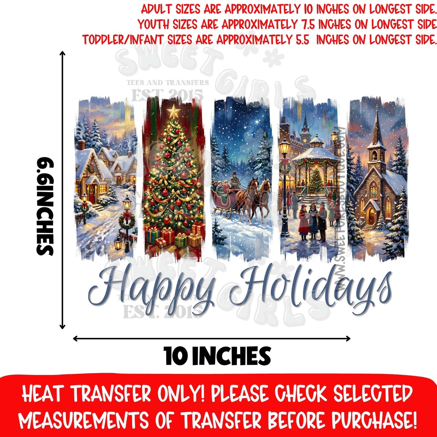 Happy Holidays Christmas Village Tree Church Sleigh DTF Heat Transfer, Ready To Press, NOT A SHIRT