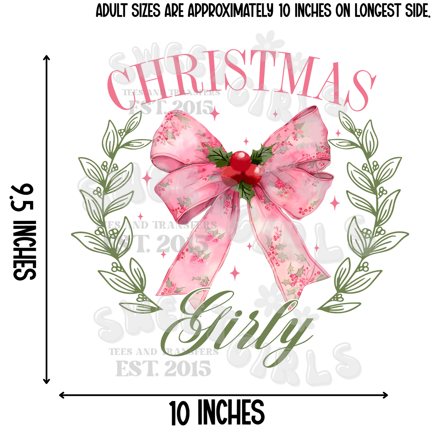 Christmas Girly Pink Bow Wreath Heat Transfer – Ready to Press Heat Transfer for T-Shirts, Bags & DIY Fabric Projects – Washable Iron-On Clothing Sticker, Long-Lasting and Trendy Holiday Print