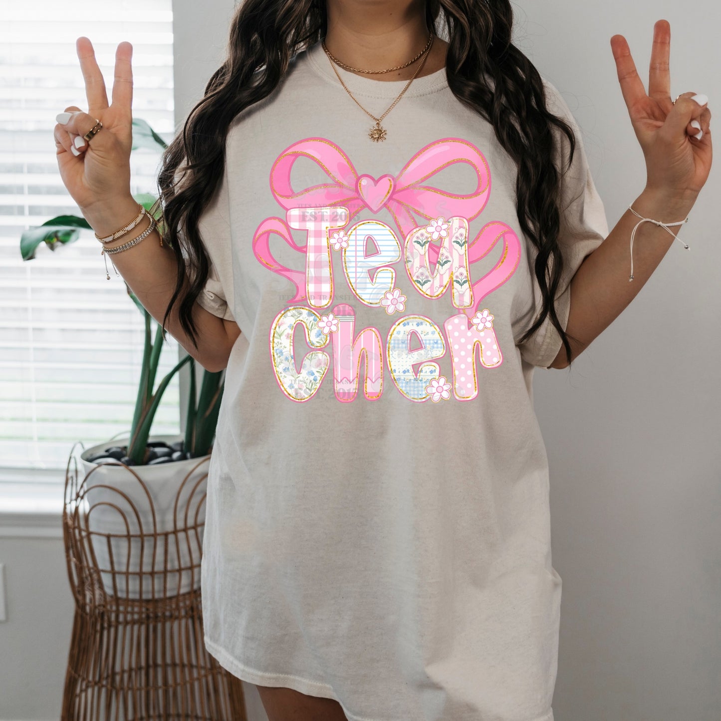 Pink Coquette Teacher Bow DTF Transfer – Direct to Film Heat Transfer Iron-On Sticker for T-Shirts, Sweatshirts, Bags | Preppy Teacher Design