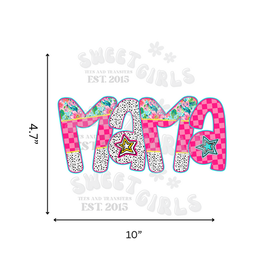 Color Pop MAMA DTF Transfer – Funky Leopard & Checkered Mom Iron-On – Bright Trendy Heat Transfer for Mother’s Day Shirts, Hoodies & Totes – Washable & Press Ready