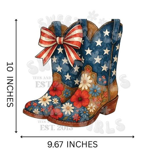 Patriotic Cowgirl Boots with Bow DTF Transfer – 4th of July USA Western Style Heat Transfer Sticker – Ready to Press Iron-On for T-Shirts, Bags & Decor