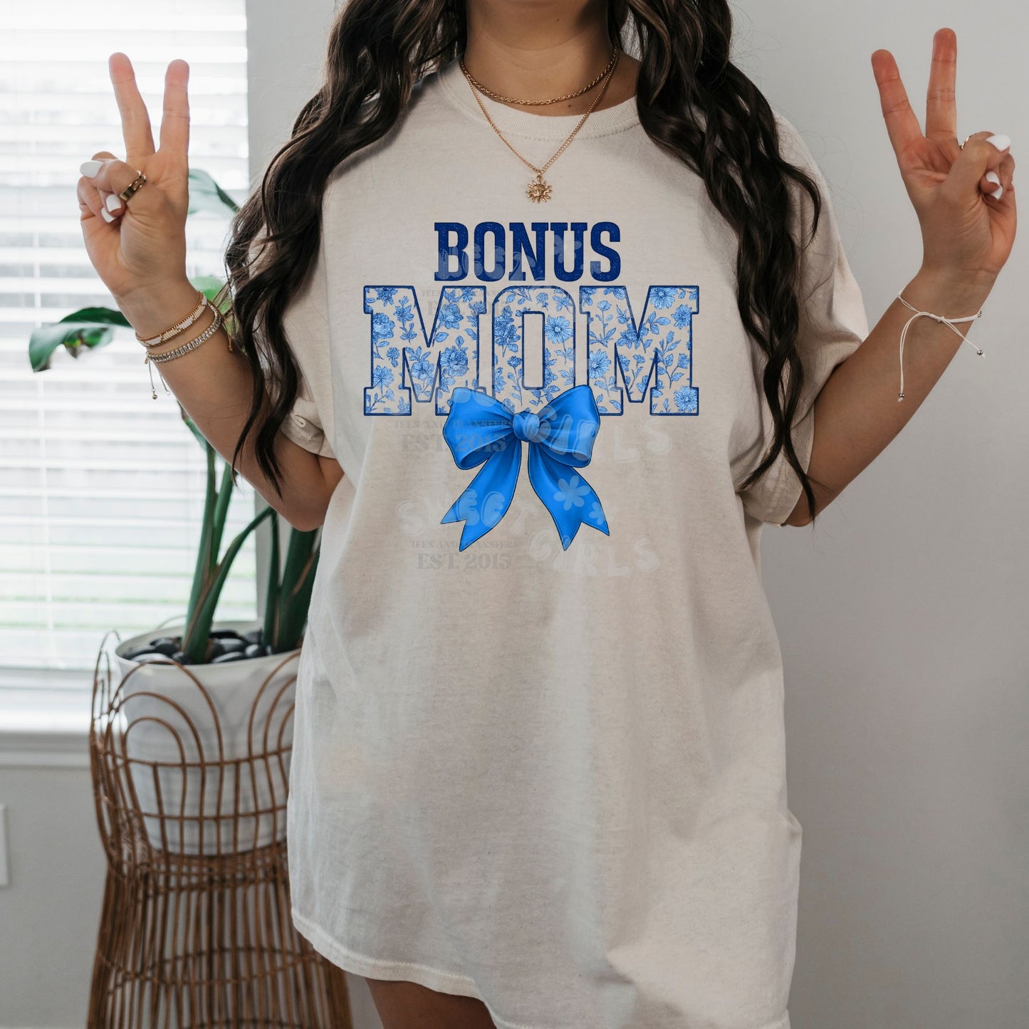 BONUS MOM DTF Transfer – Blue Floral Block Letters with Bow Iron-On – Step Mom Gift Heat Transfer for Mother’s Day Shirts & Totes – Washable Direct to Film Design