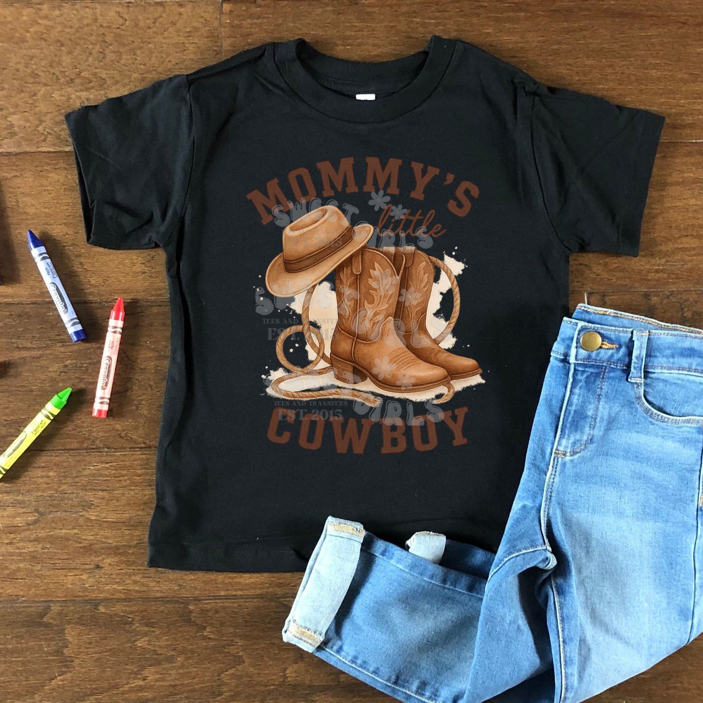 Toddler-Youth-Mommy’s Little Cowboy DTF Transfer – Western Boots Hat & Rope Iron-On – Country Baby Heat Transfer for Shirts, Bags & Gifts – Washable & Press Ready