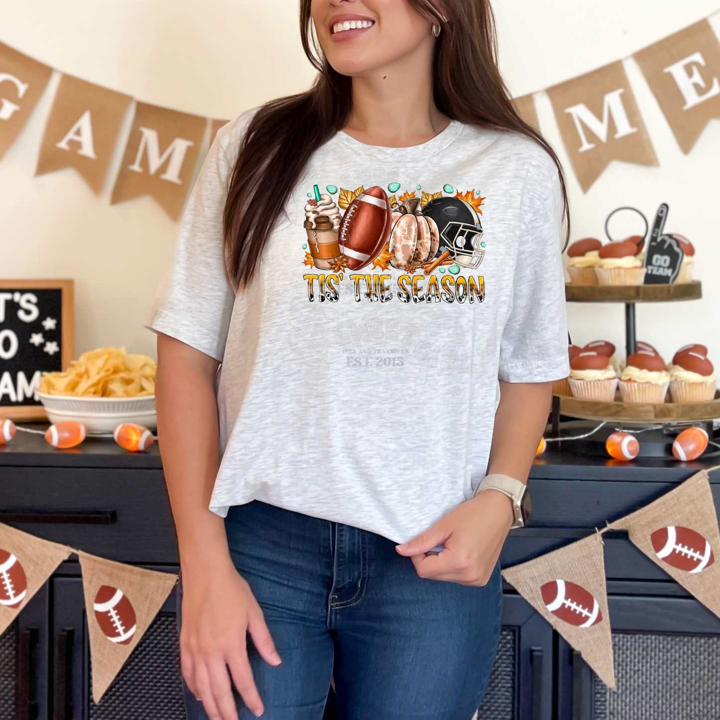 Tis' The Season Heat Transfer – Cozy Football Fall Aesthetic with Helmet, Pumpkins, and Coffee – Ready to Press DTF for Autumn Tailgate Shirts and Festive DIY Gifts