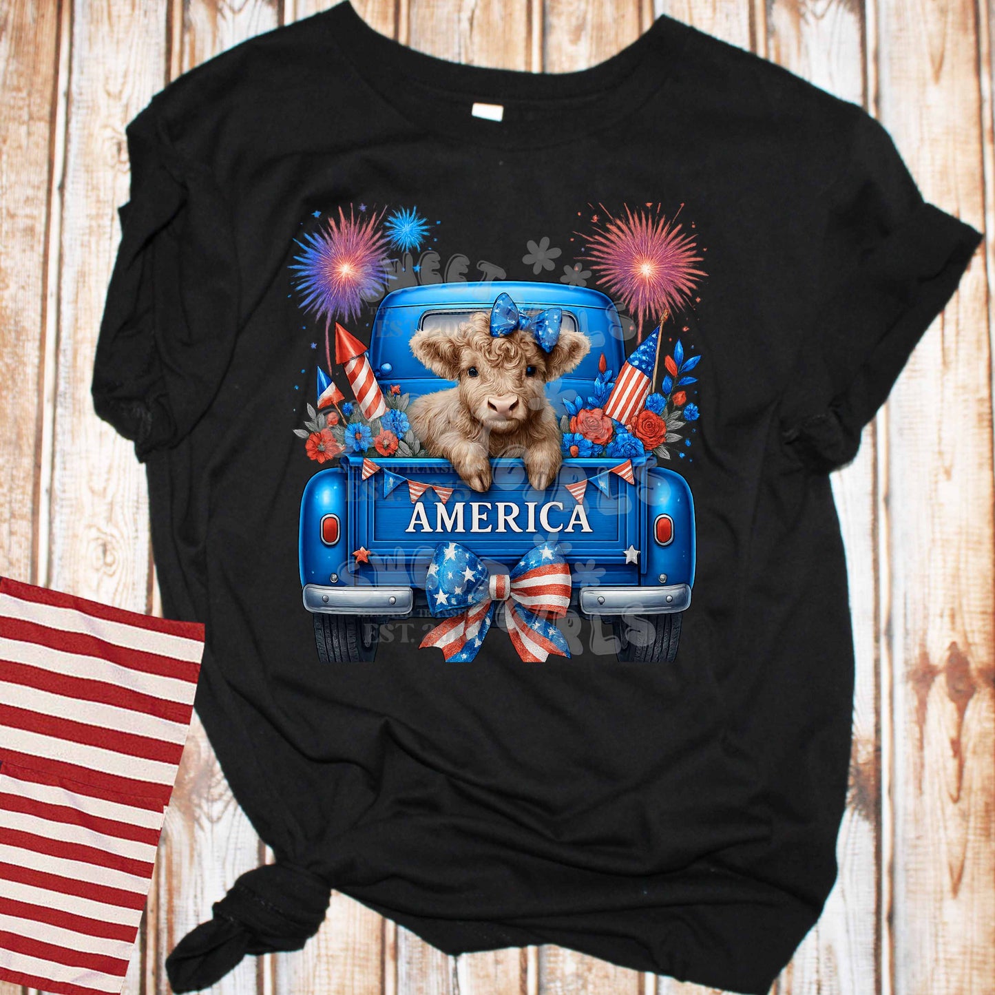 Patriotic Highland Cow Truck T-Shirt – Fireworks & USA Flag Design