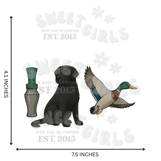 7.5 Inch Youth-Black Lab Duck Call DTF Transfer – Duck Hunting Dog Iron-On – Youth Size Hunting Heat Transfer for Boys Tees – Cold Peel & Repress