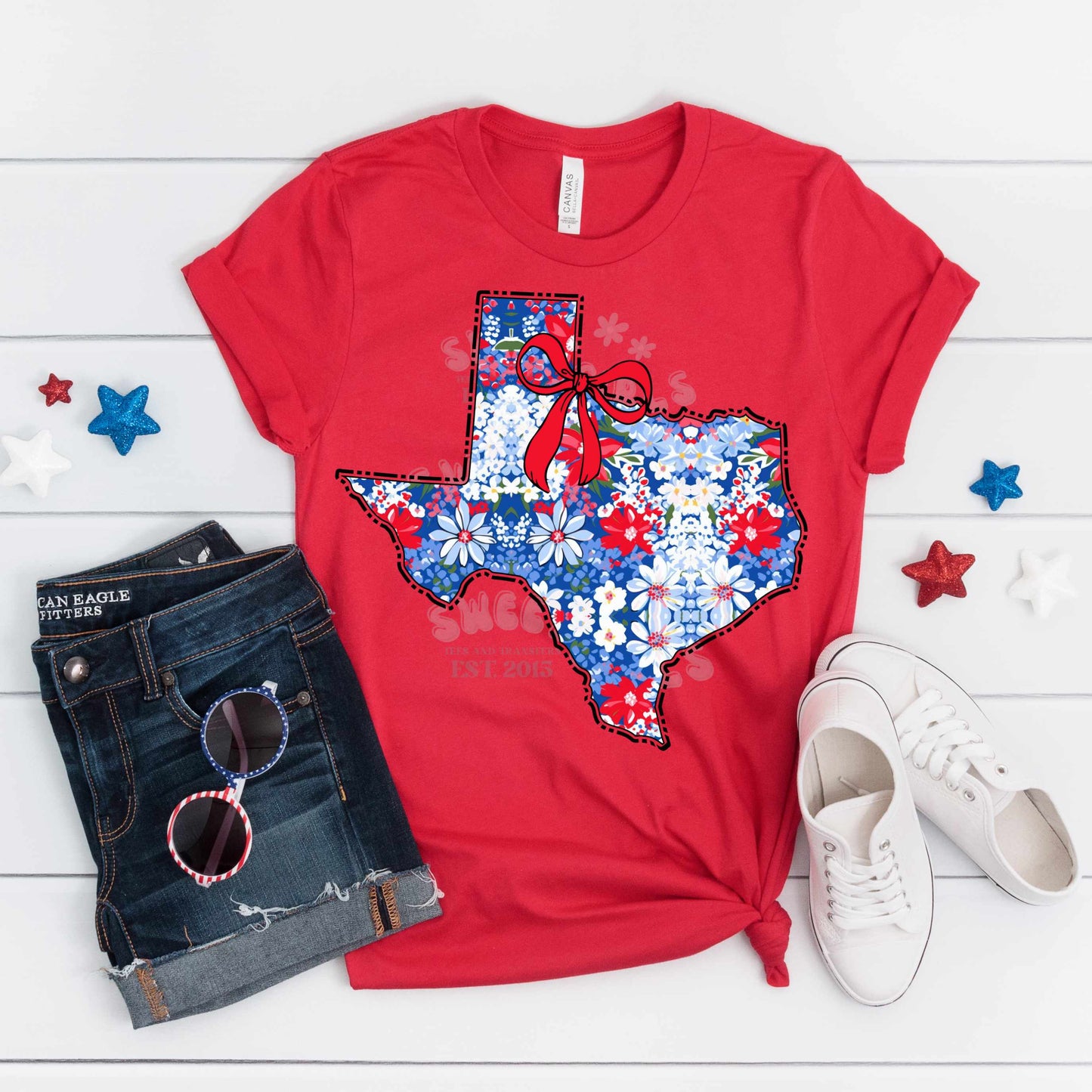Texas State Floral Bow Heat Transfer – Ready to Press Trendy USA Map Iron-On Design for Shirts, Totes, Patriotic DIY – Cute & Durable