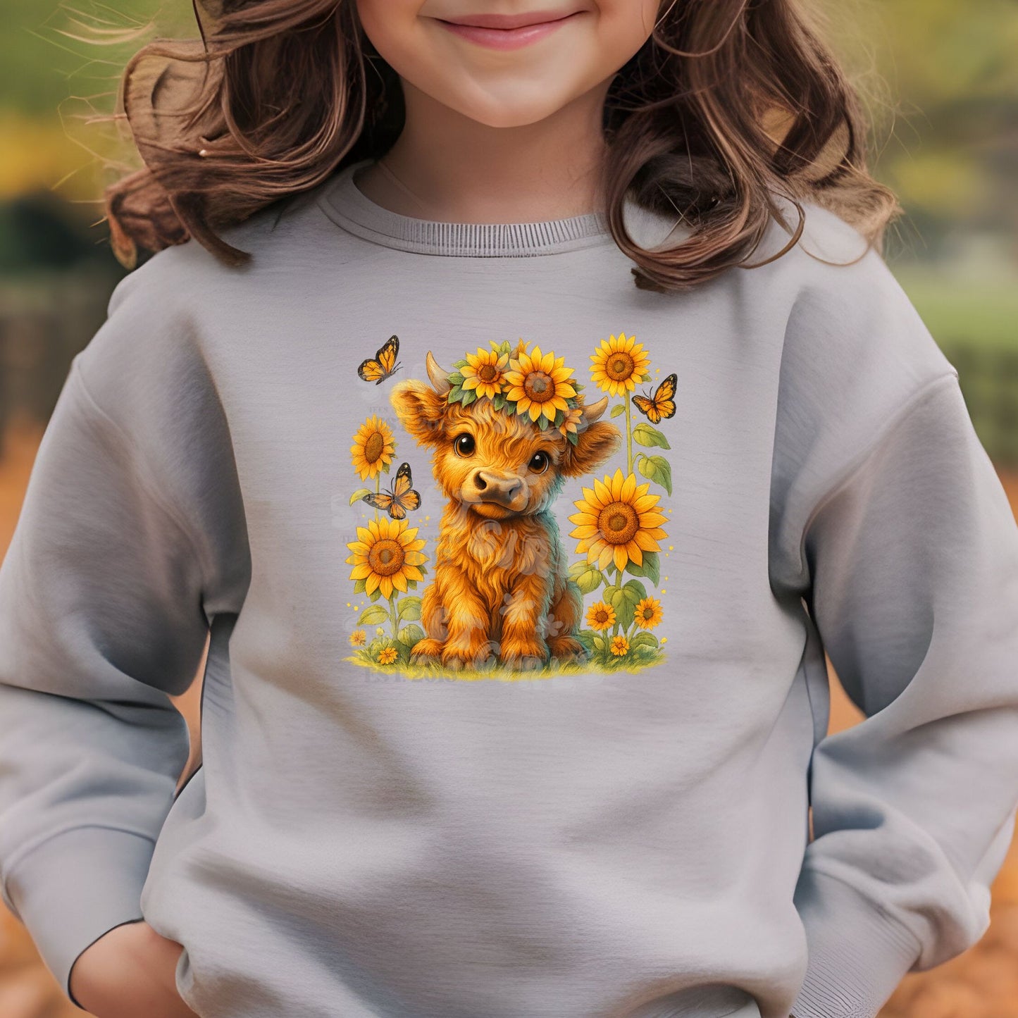 Mini Highland Cow Sunflower DTF Transfer – Baby Cow with Floral Crown Iron-On – Cute Smaller Size Heat Transfer for T-Shirts – Iron or Heat Press