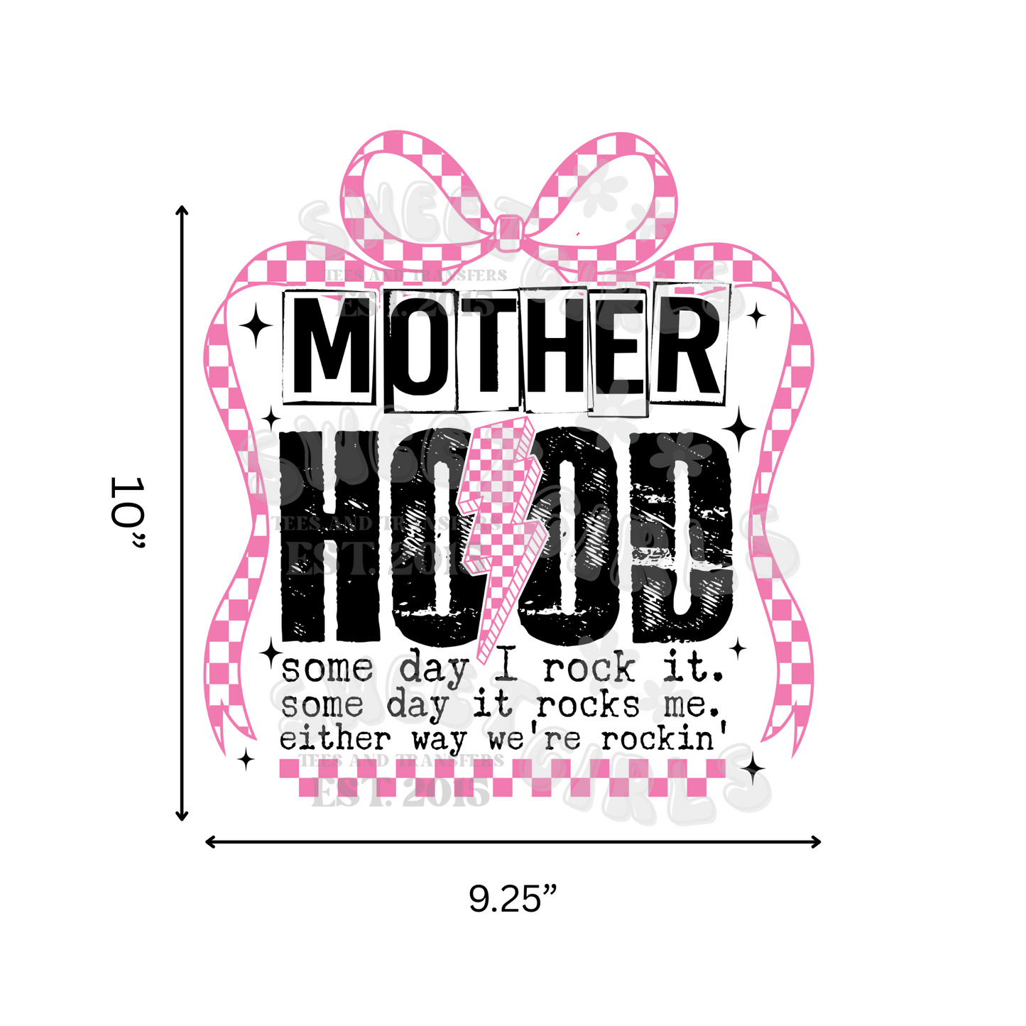 Rockin’ Motherhood DTF Transfer – Edgy Checkered Bow Mom Quote Iron-On – Grunge Style Heat Transfer for T-Shirts & Sweatshirts – Washable & Press Ready