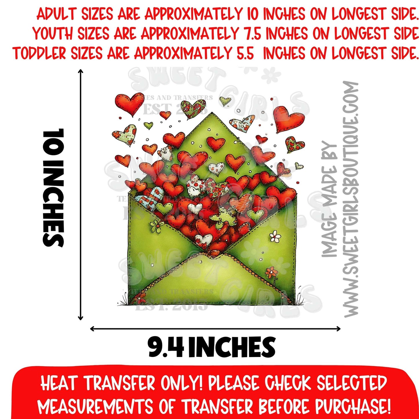 Envelope Filled with Hearts DTF Heat Transfer – Valentine Love Letter Iron On
