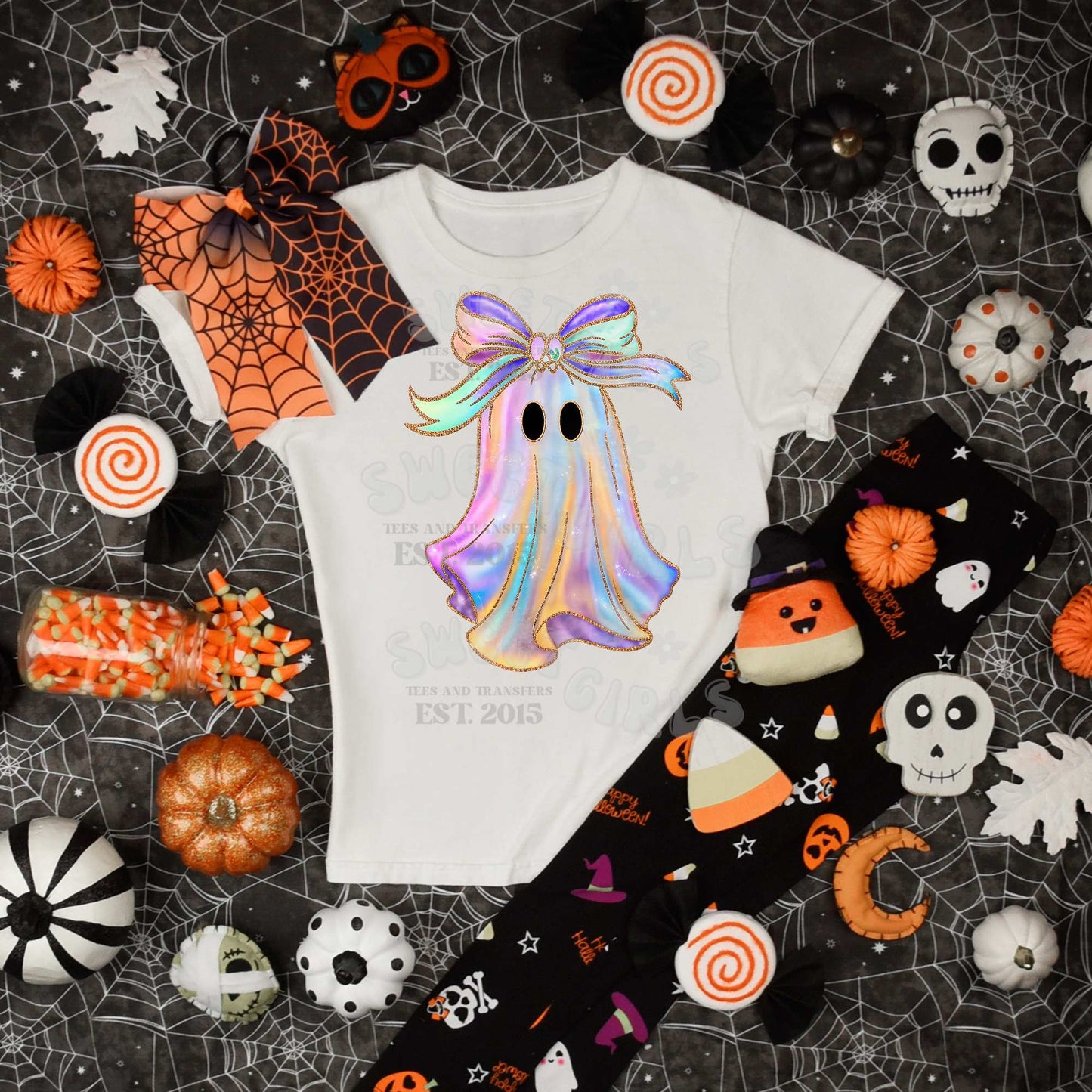 Iridescent Coquette Ghost with Pastel Bow DTF Heat Transfer – Ready to Press Holographic Style Halloween Iron-On for Shirts, Bags, Hoodies – Glitter Ghost Transfer