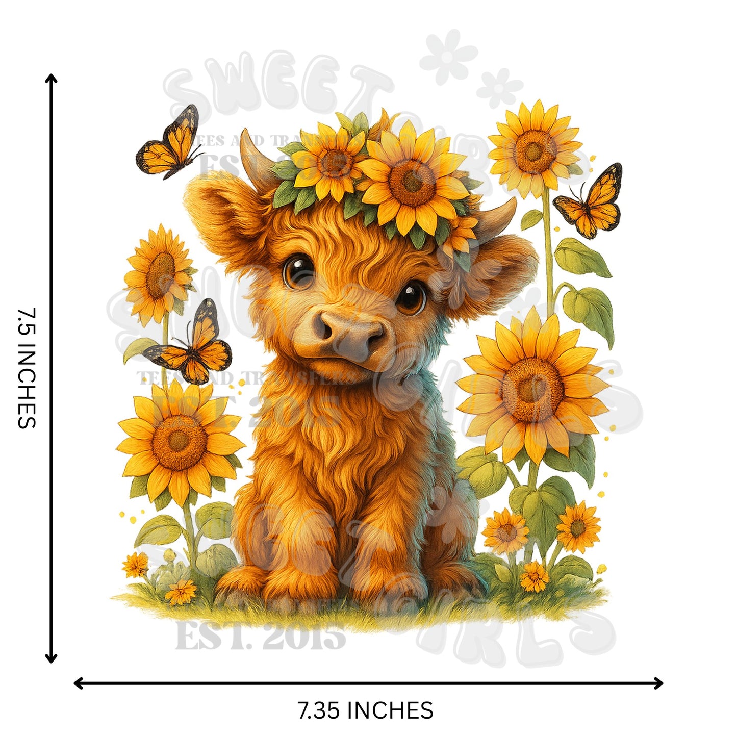 Mini Highland Cow Sunflower DTF Transfer – Baby Cow with Floral Crown Iron-On – Cute Smaller Size Heat Transfer for T-Shirts – Iron or Heat Press
