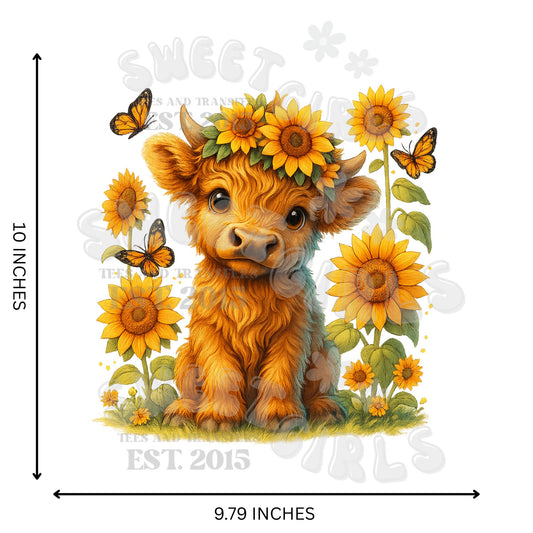 Highland Cow Sunflower DTF Transfer – Cute Baby Cow with Butterfly Iron-On – Farm Animal Heat Transfer for T-Shirts, Totes & Gifts – Washable & Press Ready