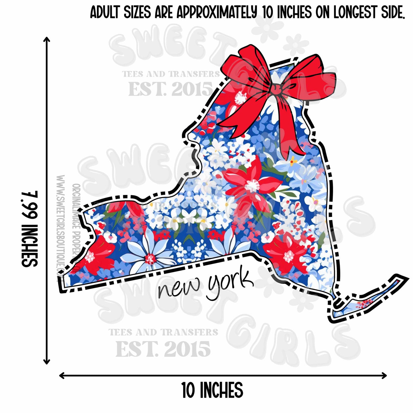 New York State Floral Bow Heat Transfer – Ready to Press Trendy USA Map Iron-On Design for Shirts, Totes, Patriotic DIY – Cute & Durable