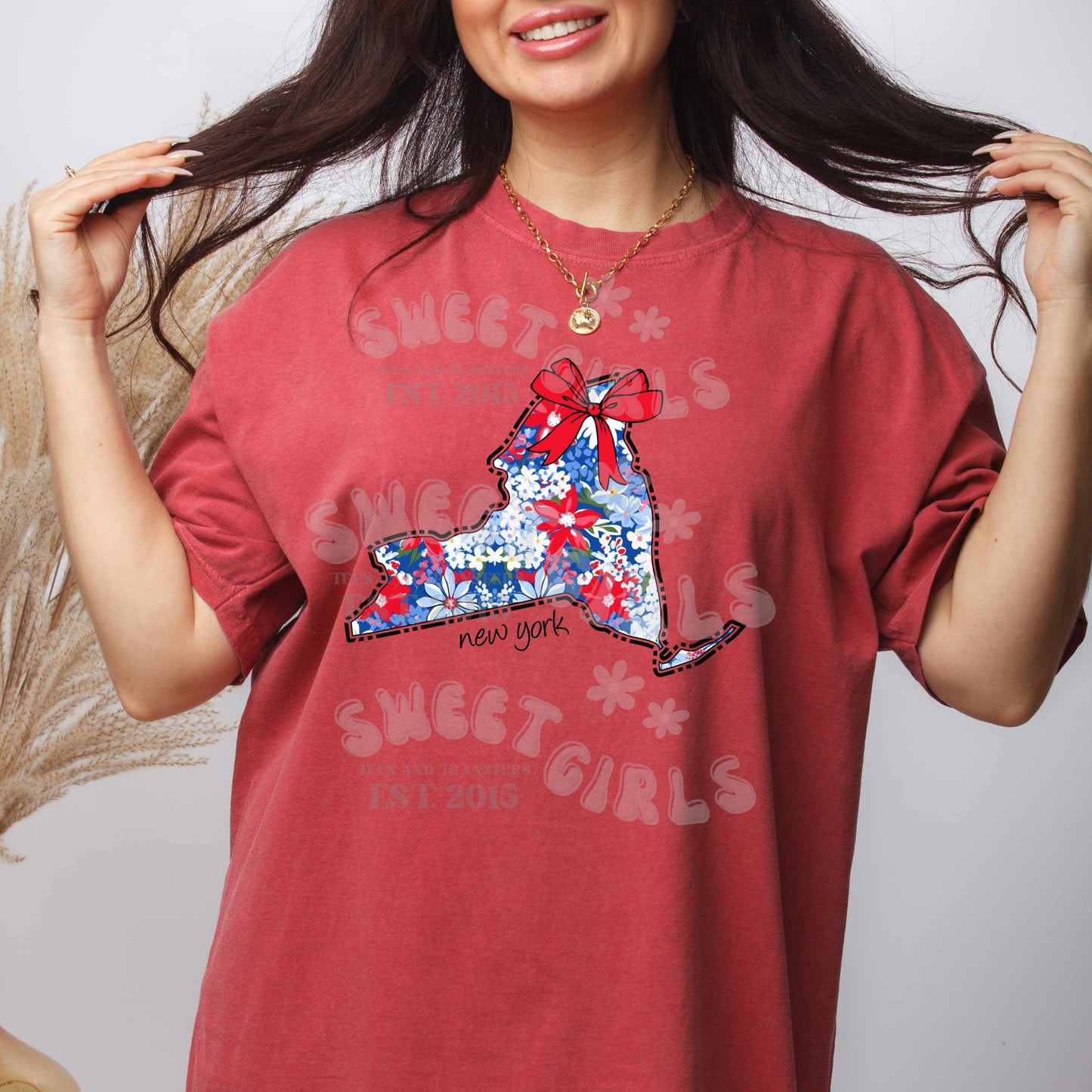New York State Floral Bow Heat Transfer – Ready to Press Trendy USA Map Iron-On Design for Shirts, Totes, Patriotic DIY – Cute & Durable