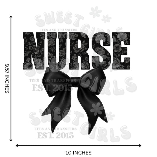 NURSE Black Bow DTF Transfer – Bold Black Floral Iron-On for Nurse Tees – Direct to Film Heat Transfer for Scrubs & Gifts – Washable & Iron Ready