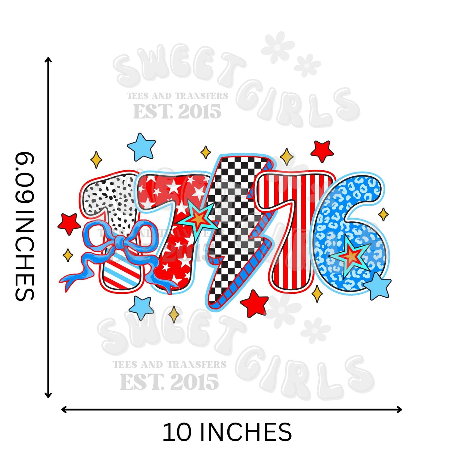 1776 Lightning Bolt Bow July 4th DTF Heat Transfer – Patriotic Iron-On for T-Shirts, Bags & More – Direct to Film USA Print for Independence Day Decor