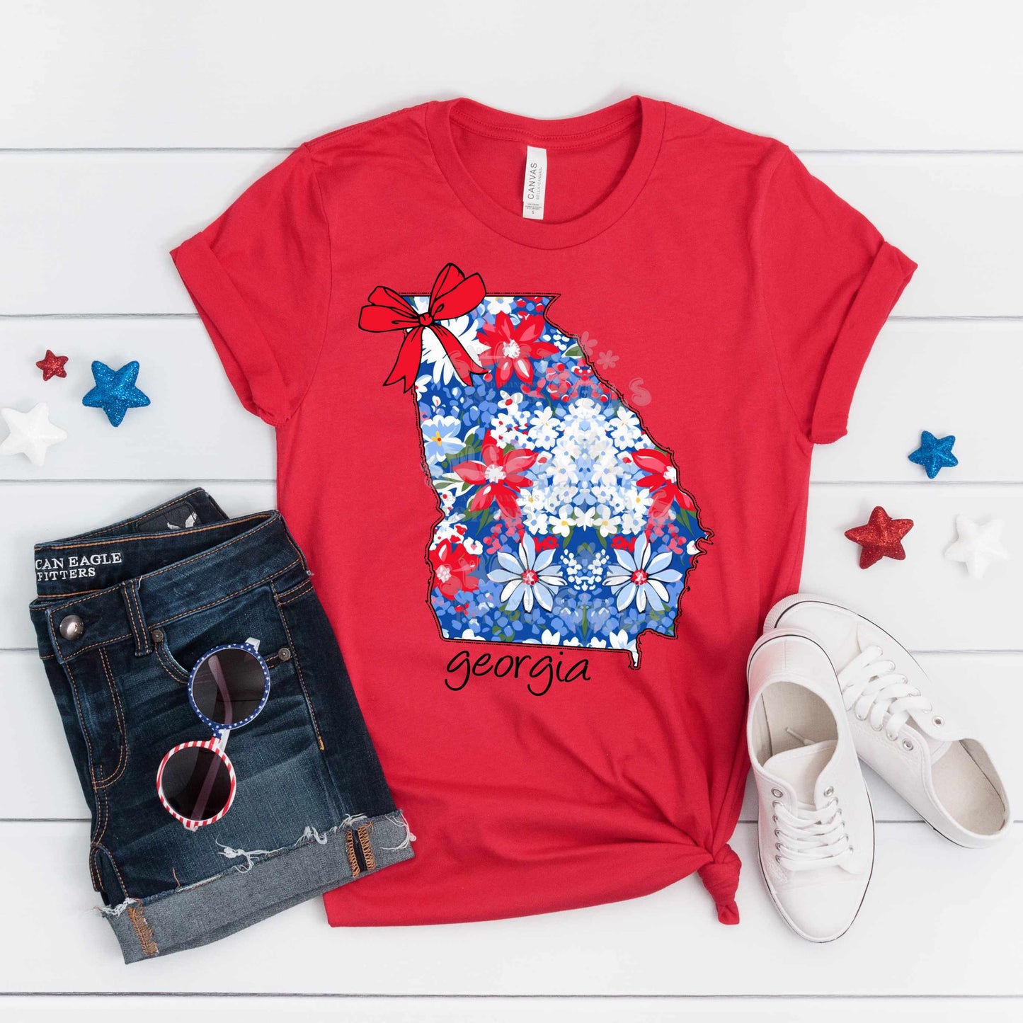 Georgia State Floral Bow Heat Transfer – Ready to Press Trendy USA Map Iron-On Design for Shirts, Totes, Patriotic DIY – Cute & Durable