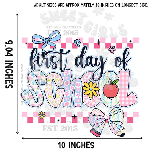 Preppy First Day of School DTF Heat Transfer – Pink Checkered Bow Back to School Design - Coquette Prep