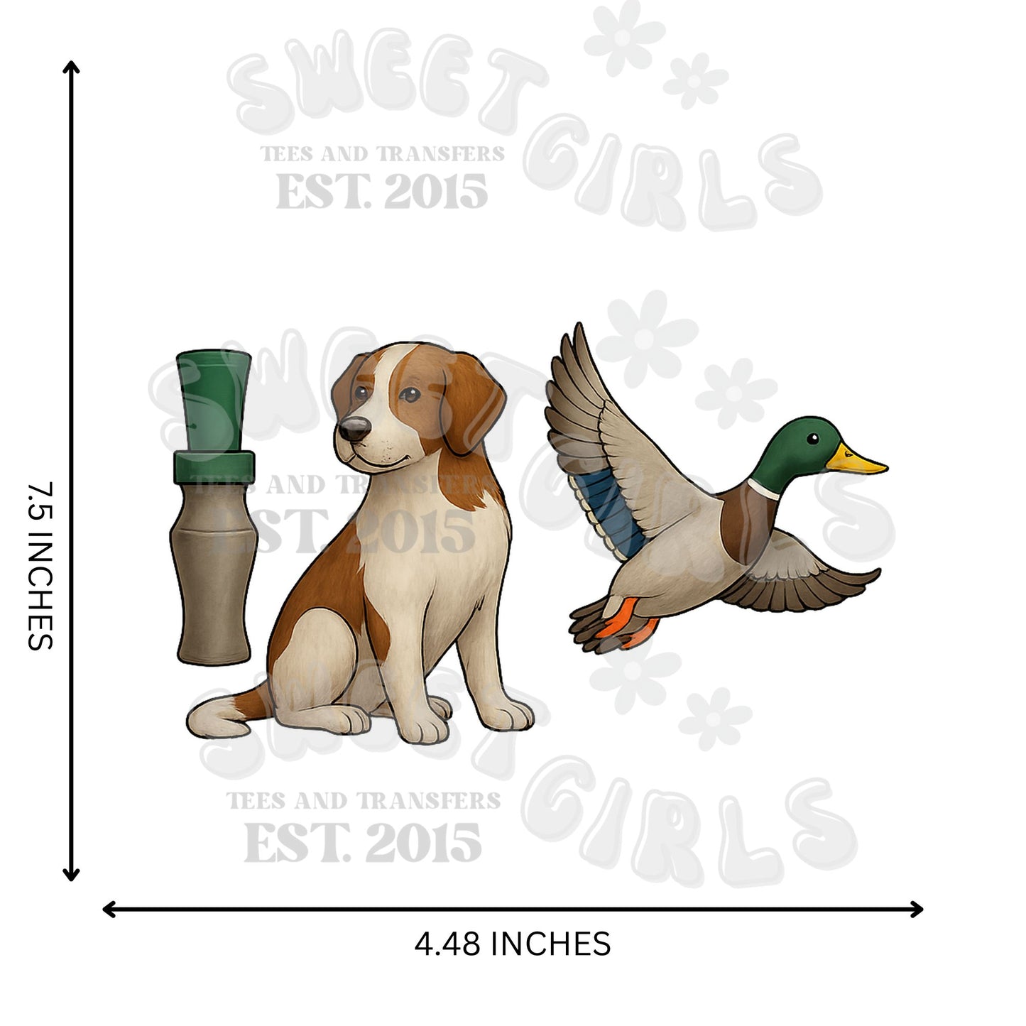Brown Pup Duck Call DTF Transfer – Hunting Dog with Mallard Iron-On – Kids’ Heat Transfer for Duck Season Tees – Washable & Press Ready