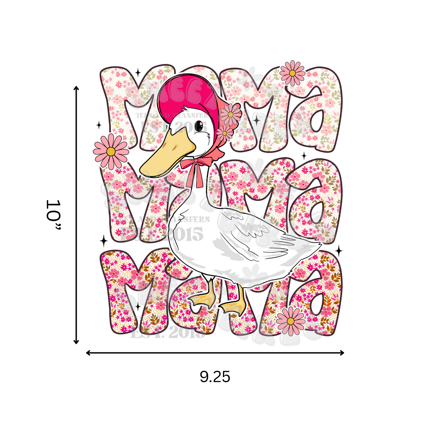 MAMA Goose Floral DTF Transfer – Country Farmhouse Mom Iron-On – Pink Bonnet Goose Heat Transfer for Mother’s Day Shirts, Bags, Totes – Washable & Press Ready