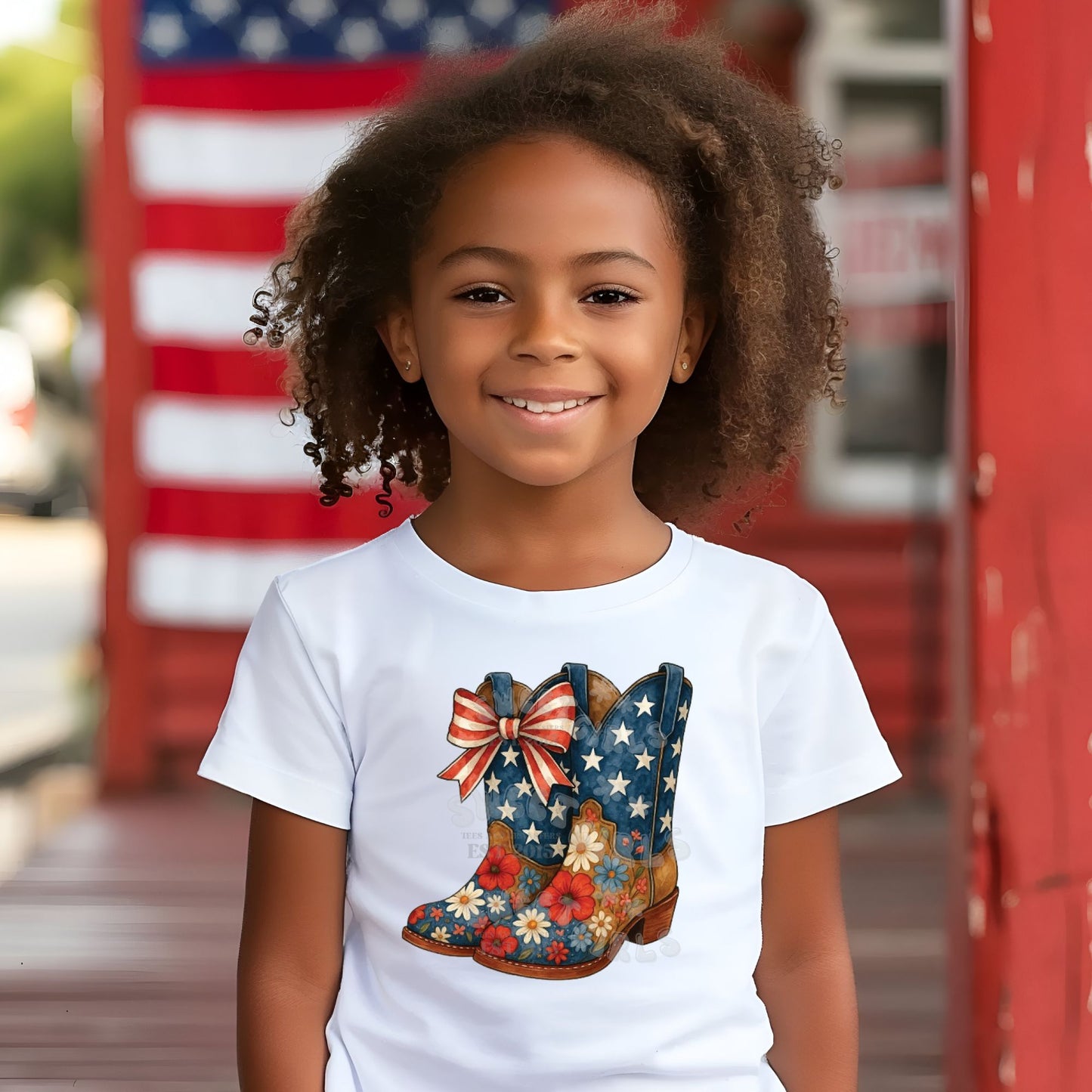 Patriotic Cowgirl Boots with Bow DTF Transfer – 4th of July USA Western Style Heat Transfer Sticker – Ready to Press Iron-On for T-Shirts, Bags & Decor