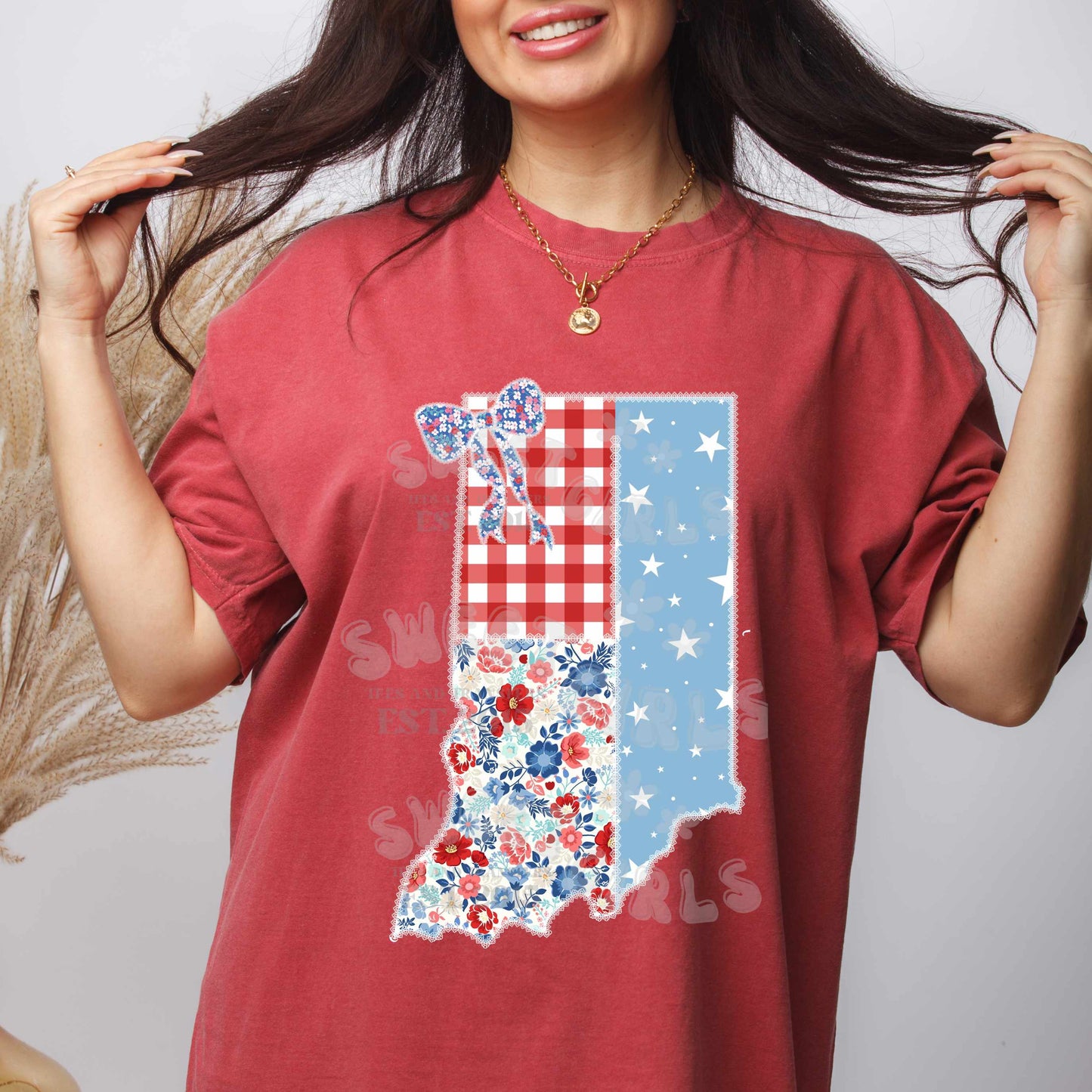 Indiana Patriotic State Heat Transfer – Ready to Press USA Bow Floral Patch Design – Iron-On Transfer for T-Shirts, DIY Crafts, and Handmade Gifts – Washable and Durable Heat Transfer Stickers