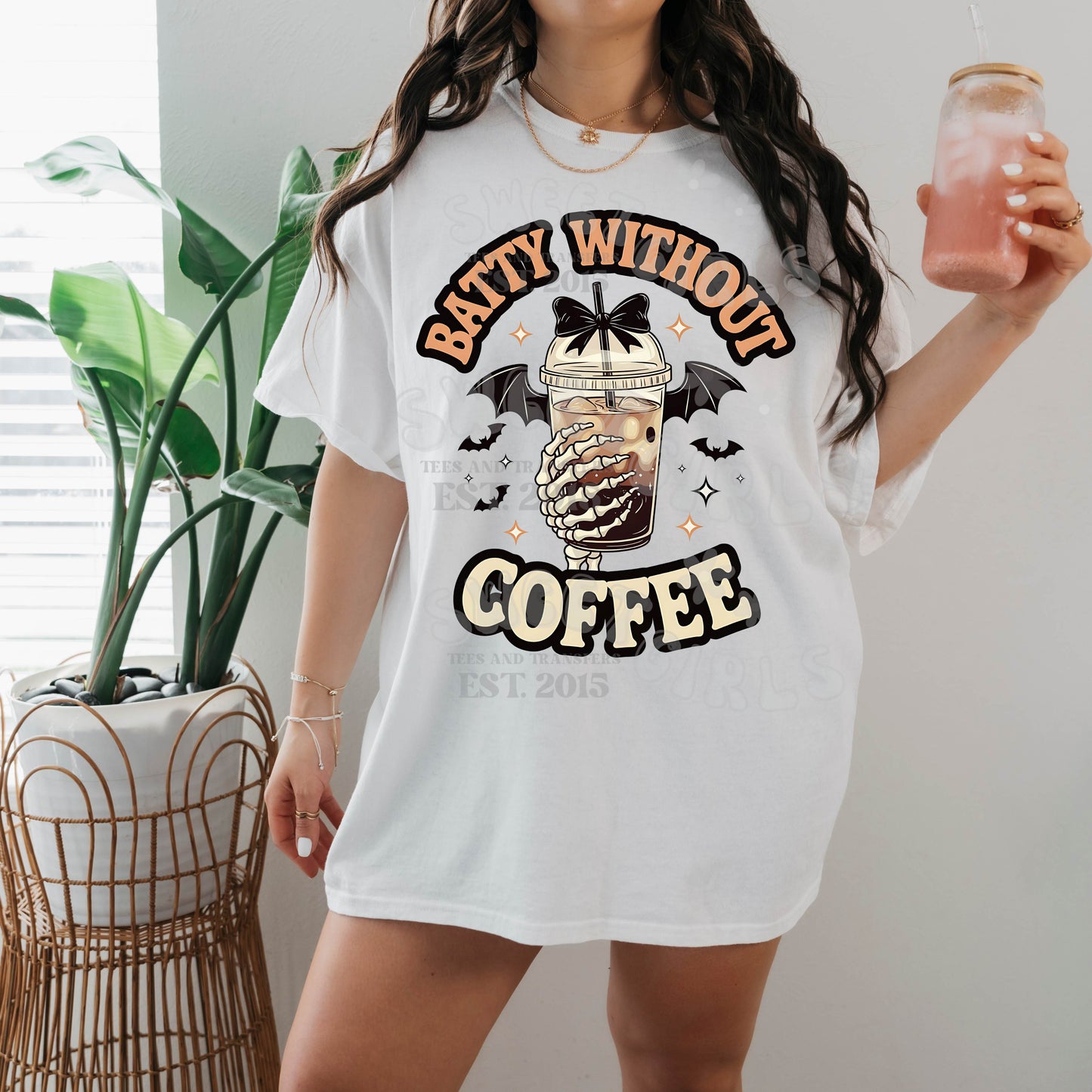 Batty Without Coffee DTF Transfer – Funny Halloween Coffee Bat Iron-On for Totes & Shirts – Ready to Press Heat Transfer for Fall Drinks & Caffeine Lovers