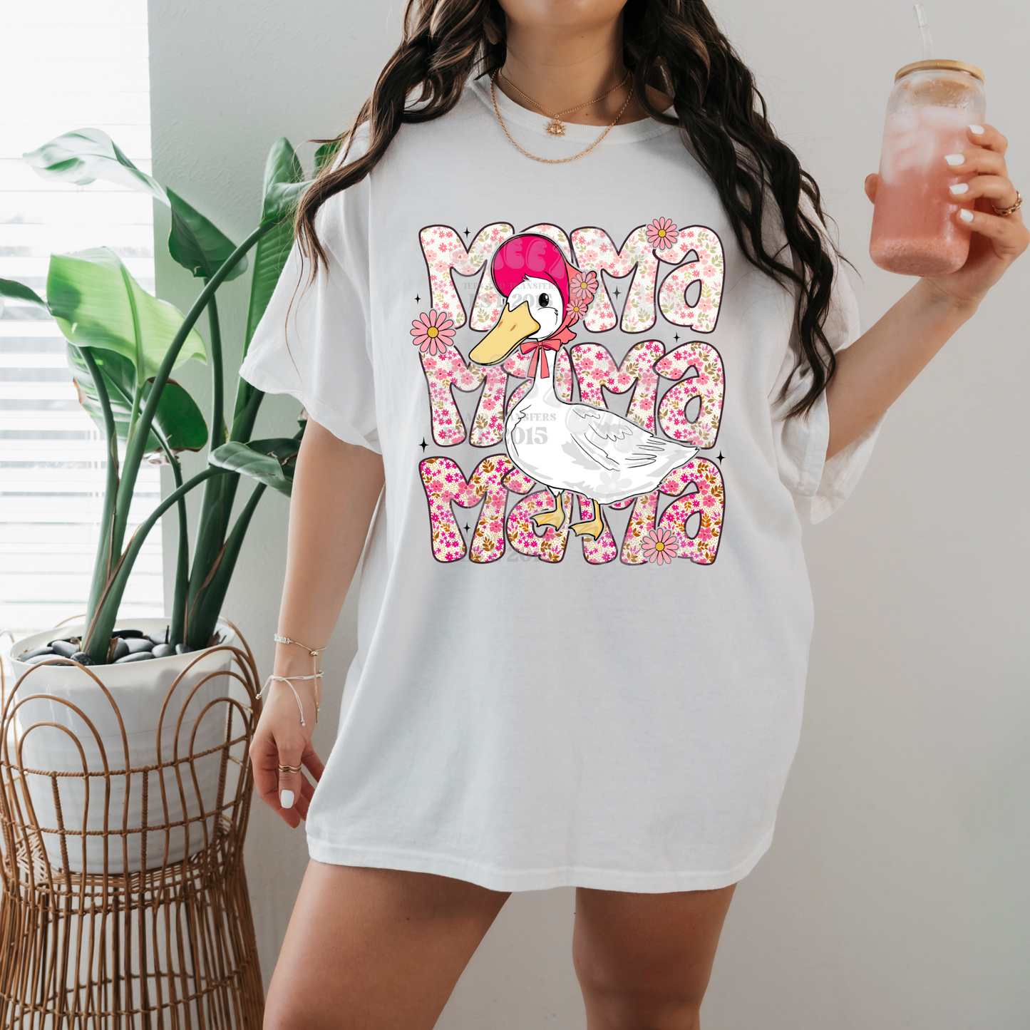 MAMA Goose Floral DTF Transfer – Country Farmhouse Mom Iron-On – Pink Bonnet Goose Heat Transfer for Mother’s Day Shirts, Bags, Totes – Washable & Press Ready