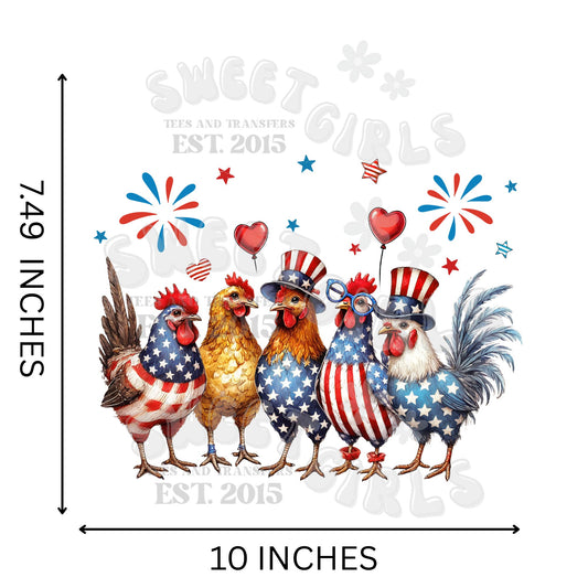 Patriotic Chickens DTF Transfer – 4th of July Farm Animal Heat Transfer – Ready to Press Iron-On for T-Shirts, Sweatshirts, Bags – Red White Blue Country Style