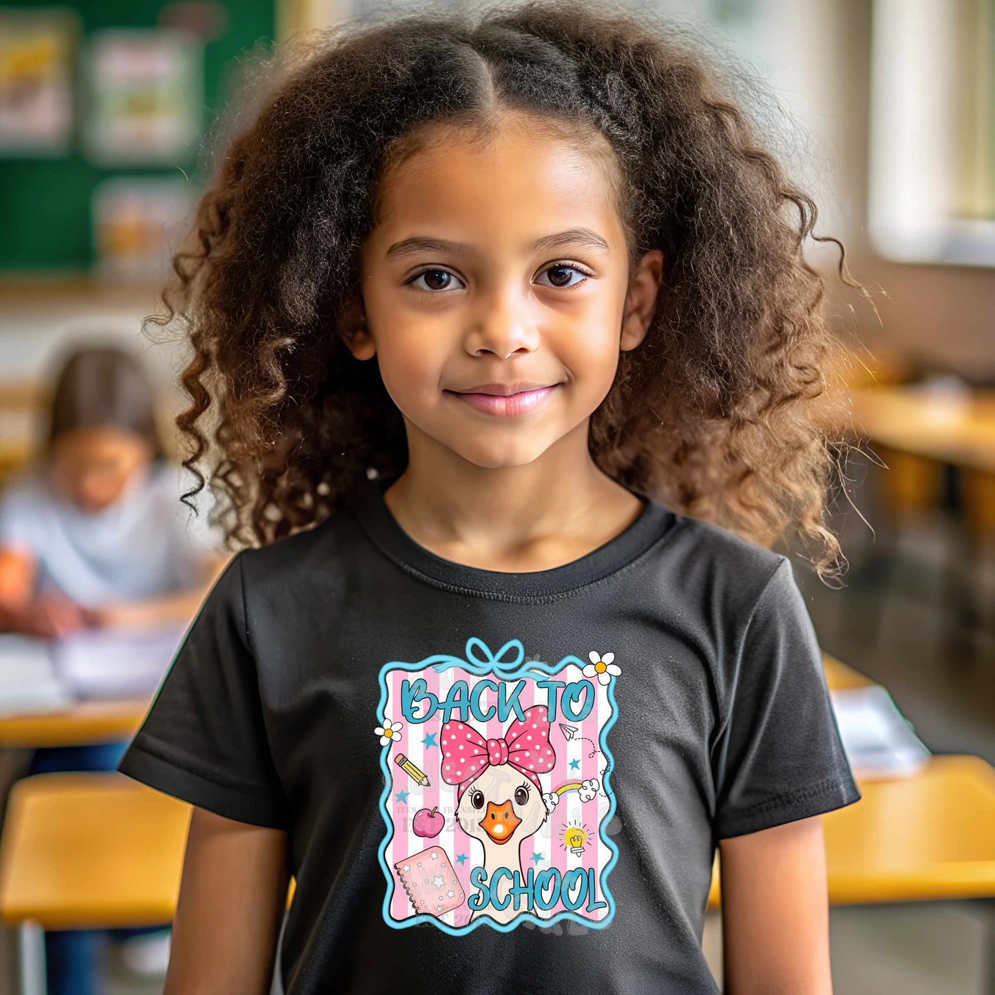 Back to School Goose Heat Transfer – Cute Pink Bow Goose School Design – Ready to Press Iron-On for Kids' Tees, Totes, DIY Gifts – Vibrant & Durable Print