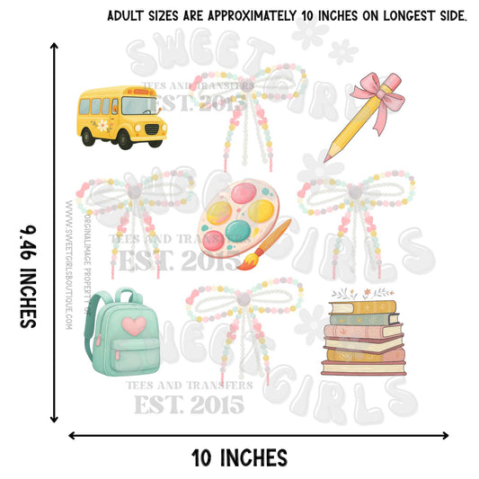 Watercolor Back To School Elements DTF Heat Transfer – Cute Backpack, Bus, Pencil, Books