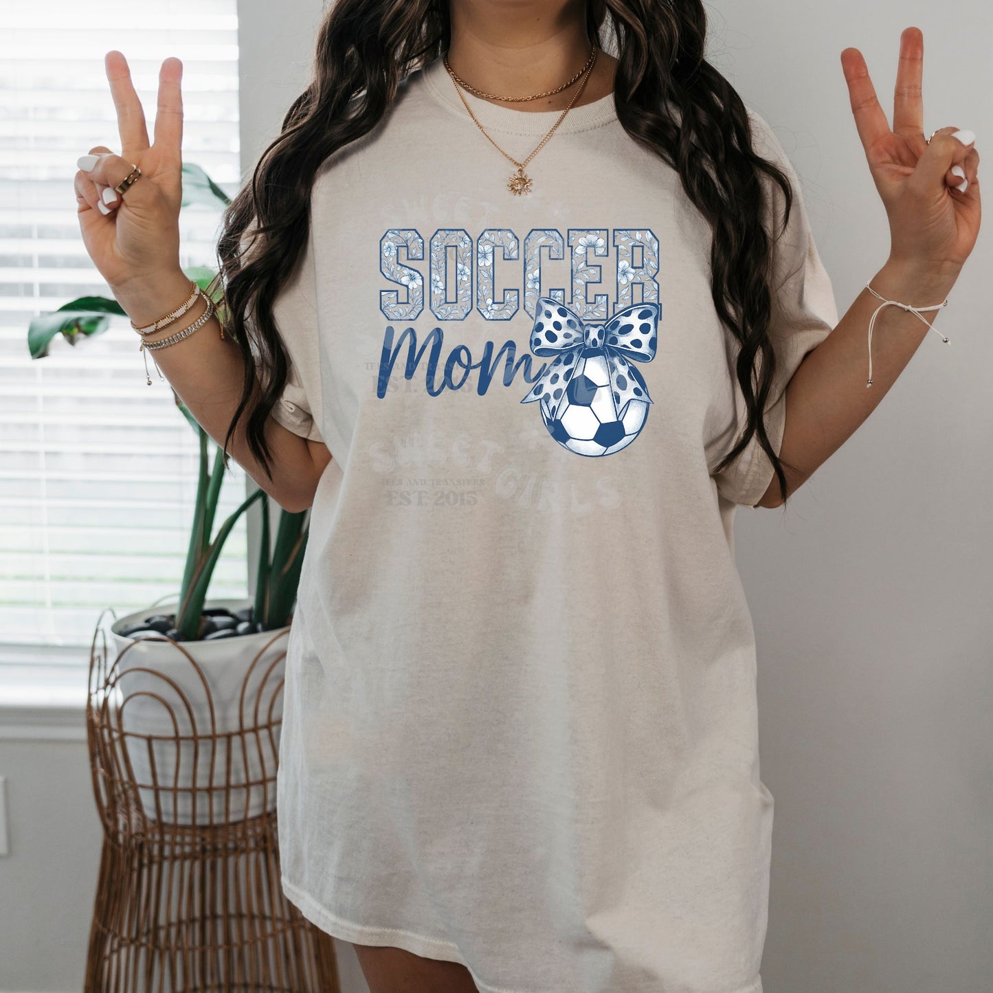 SOCCER MOM Bow DTF Transfer – Blue Floral Soccer Ball Iron-On – Momlife Game Day Heat Transfer for Shirts & Hoodies – Washable & Press Ready