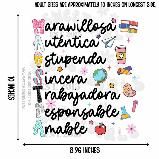 MAESTRA Spanish Teacher Heat Transfer – Colorful Word Art Iron-On – Ready to Press School Design for Tees, Totes & Teacher Gifts