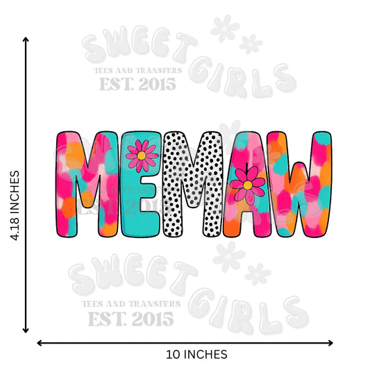 MEMAW Color Pop DTF Transfer – Bright Retro Floral Letters Iron-On – Fun Grandparent Heat Transfer for Tees & Gifts – Washable & Iron-Ready