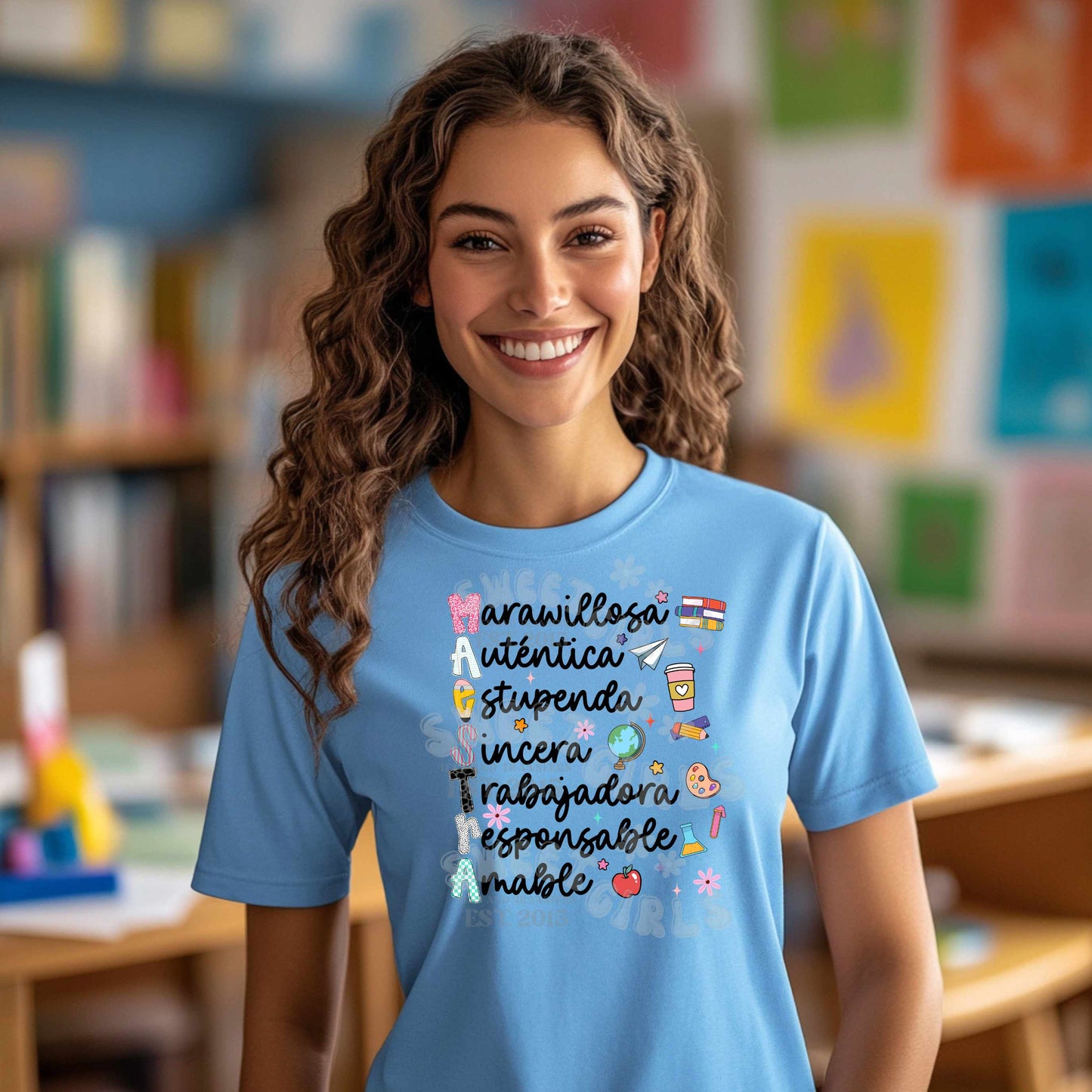 MAESTRA Spanish Teacher Heat Transfer – Colorful Word Art Iron-On – Ready to Press School Design for Tees, Totes & Teacher Gifts