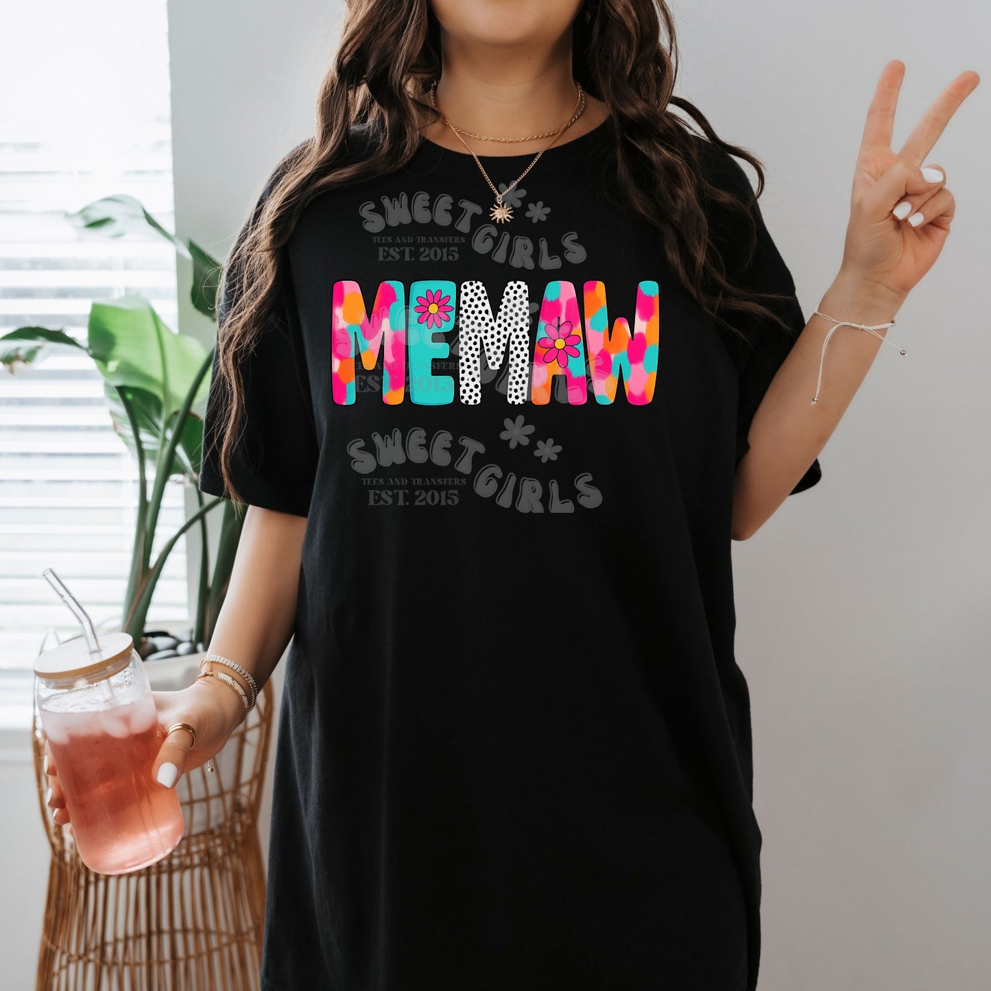 MEMAW Color Pop DTF Transfer – Bright Retro Floral Letters Iron-On – Fun Grandparent Heat Transfer for Tees & Gifts – Washable & Iron-Ready