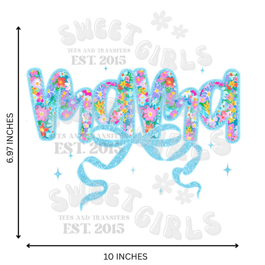 MAMA Sparkle Script DTF Transfer – Blue Glitter Bow with Floral Iron-On – Trendy Mom Heat Transfer for Shirts, Hoodies, Bags – Washable & Press Ready