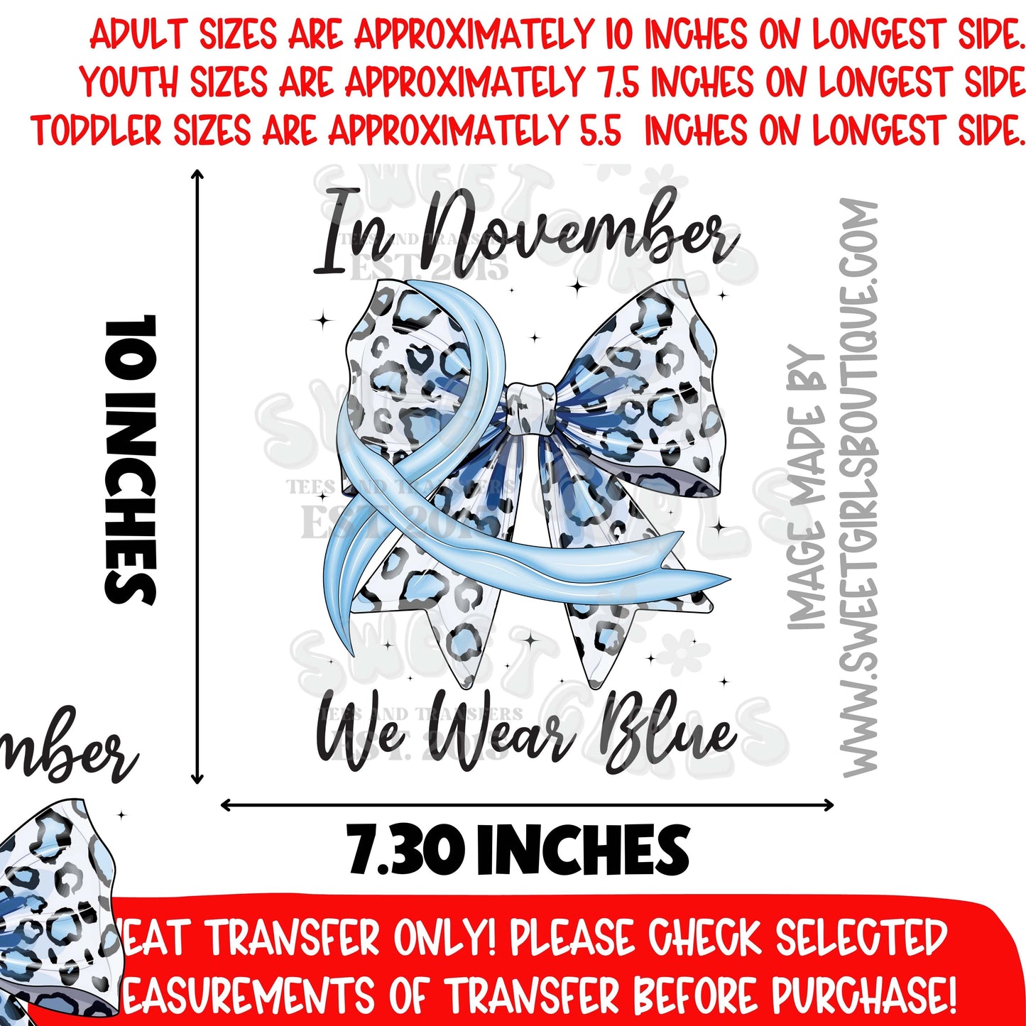 Diabetes Awareness Blue Ribbon Bow DTF Heat Transfer | Wear Blue November Iron On