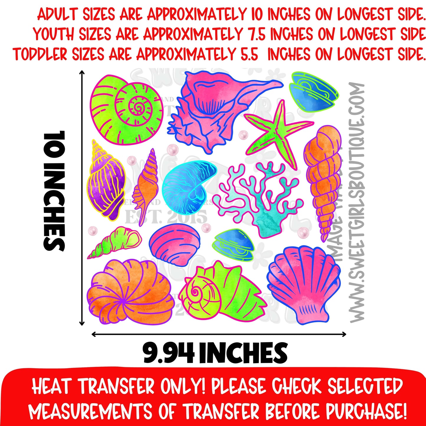 Neon Seashell Heat Transfer DTF Bright Beach Ocean Shell Graphic Summer Coastal Decor Not A Shirt Iron On Transfer