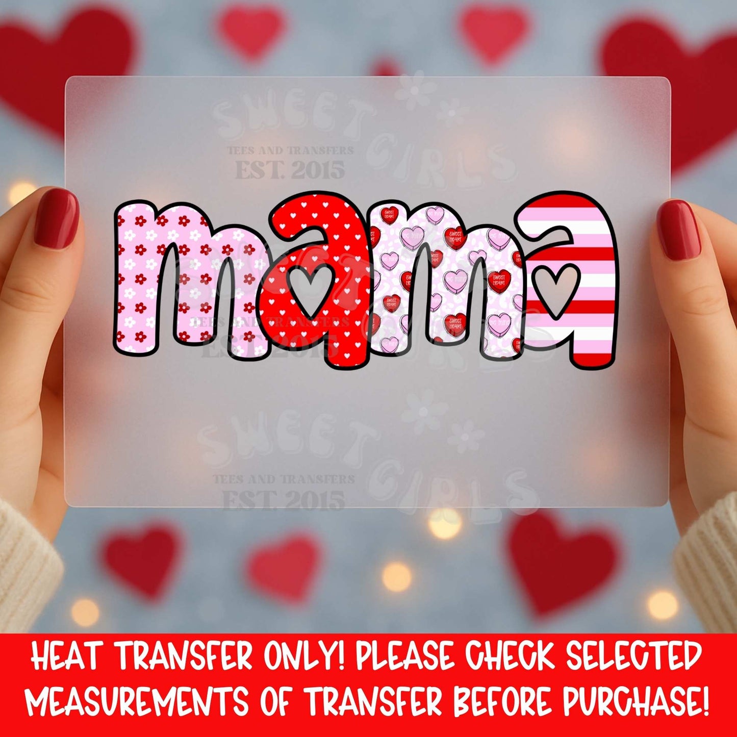 Mama Valentine Heart Bubble Letter DTF Heat Transfer Iron On | Pink Red Floral Love Mom Gift | Heat Transfer Design